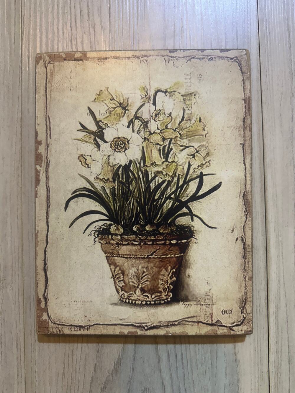 Cheri Blum Garden White Narcissus Daffodil Floral Wooden Wall Plaque Art 6x8